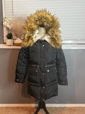Bebe Black Puffer Coat Faux Fur Hood Size Small | Y2K Glam Winter Jacket